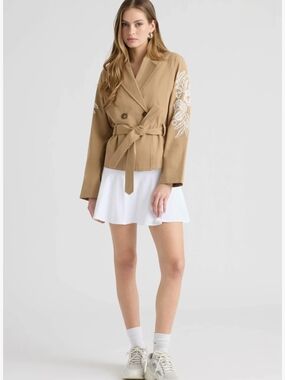 NVLT Camel Embroidered-Sleeve Tie-Waist Blazer Jacket